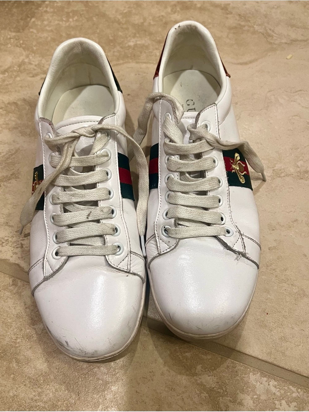 Gucci White Leather Sneakers with Green and Red Web and Gold Bee